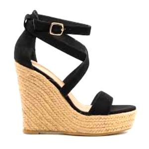 Black Strappy Wraparound Espadrille Wedge